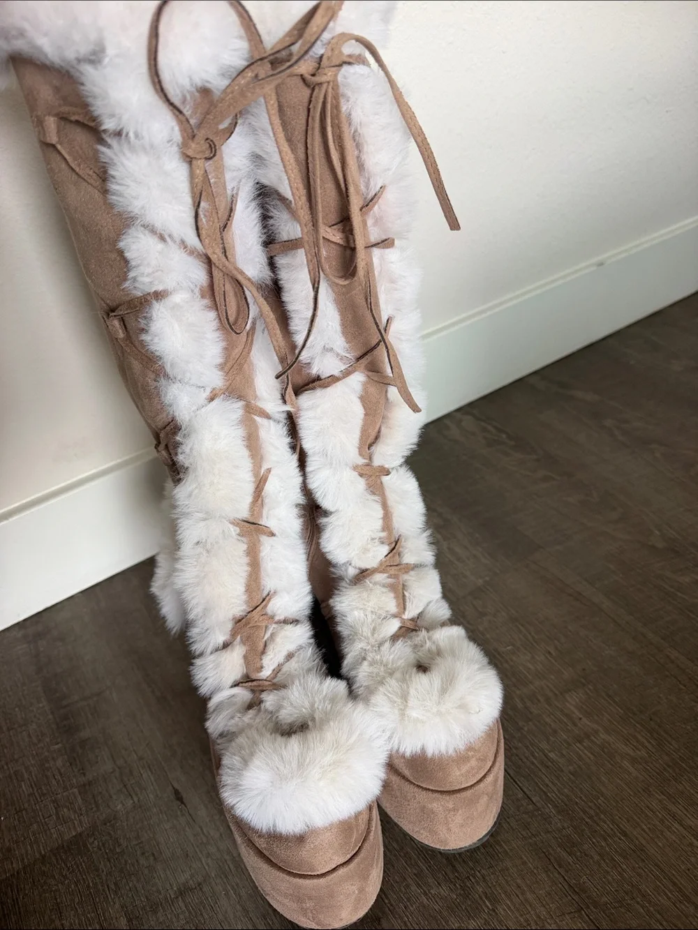 Faux Fur Trim Knee-High Platform Boots - Taupe